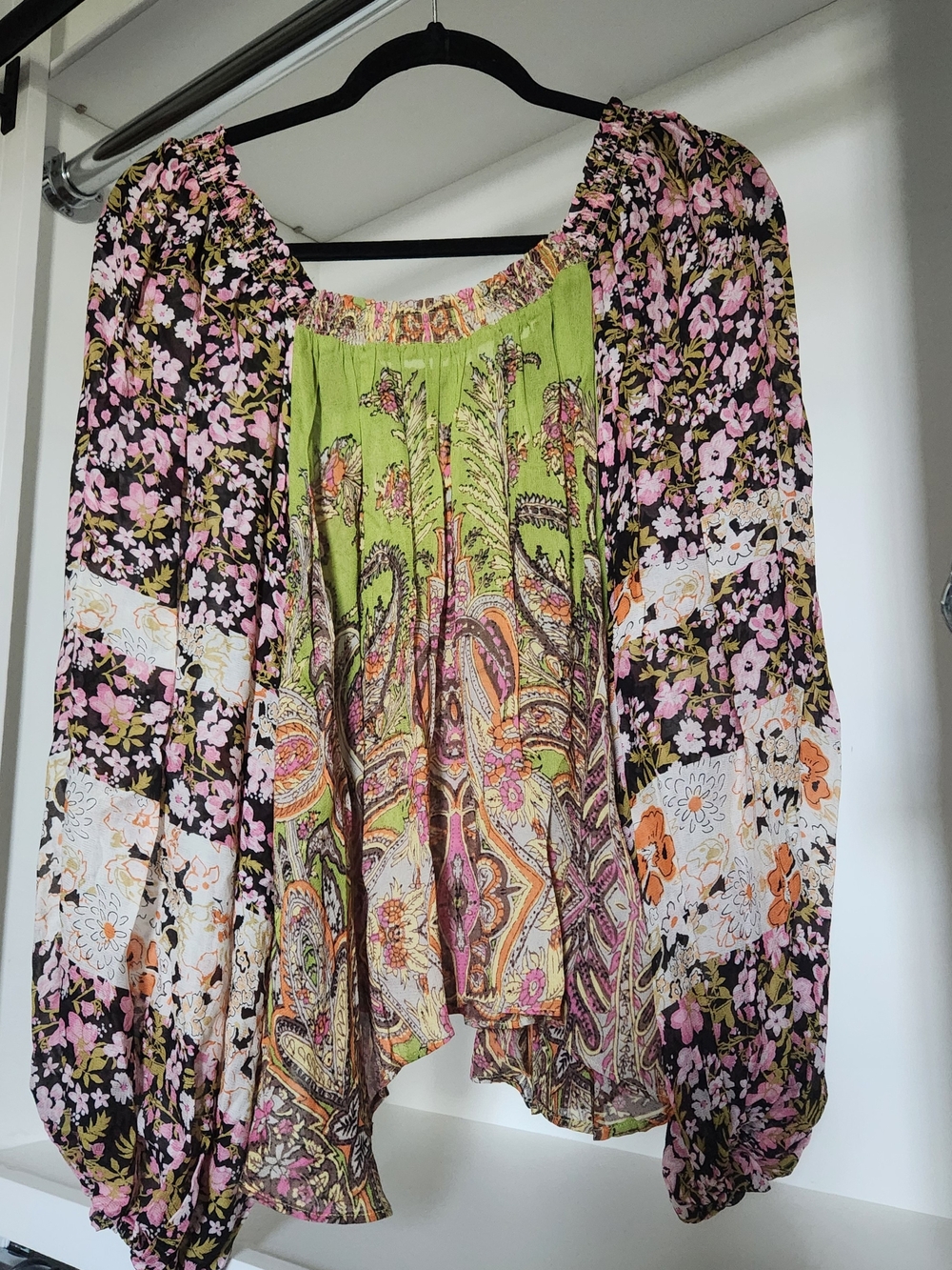 Free People Paisley & Floral Peasant Blouse in Lime, Pink & Brown
